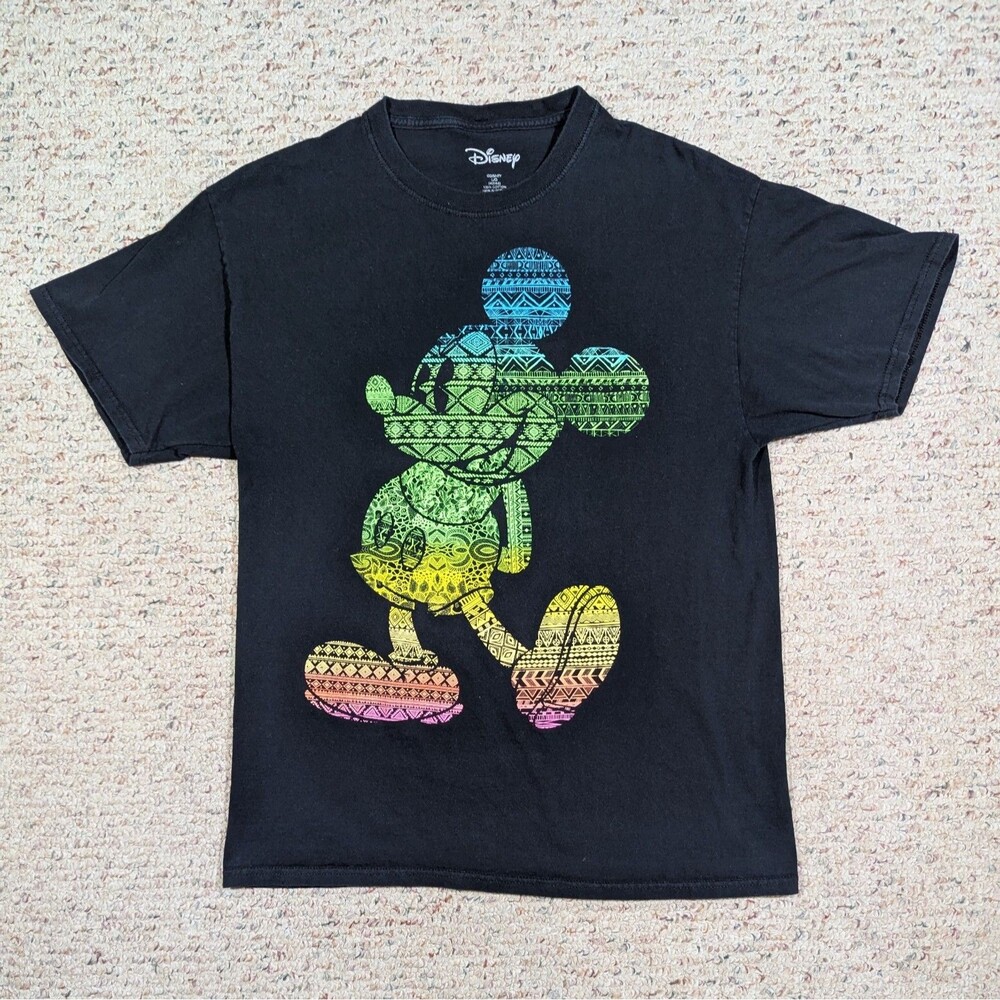 Disney Mickey Mouse T-Shirt LARGE 42/44 Black Tee Geometric Rainbow Mickey
